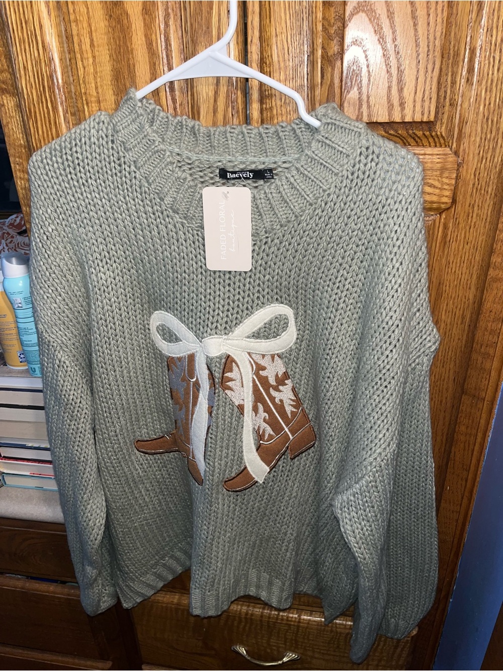 Baevely Sage Green Crewneck Sweater with Decorative Boot Appliqué